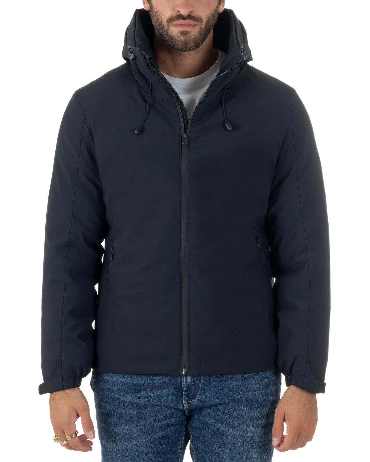 Giubbotto uomo tessuto tecnico imbottito zip cappuccio coulisse blu GIOSAL-G3438A