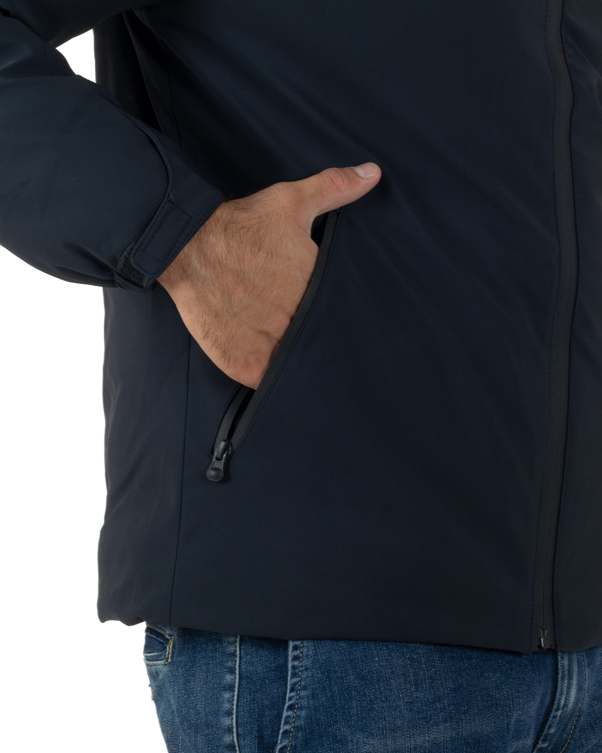 Giubbotto uomo tessuto tecnico imbottito zip cappuccio coulisse blu GIOSAL-G3438A