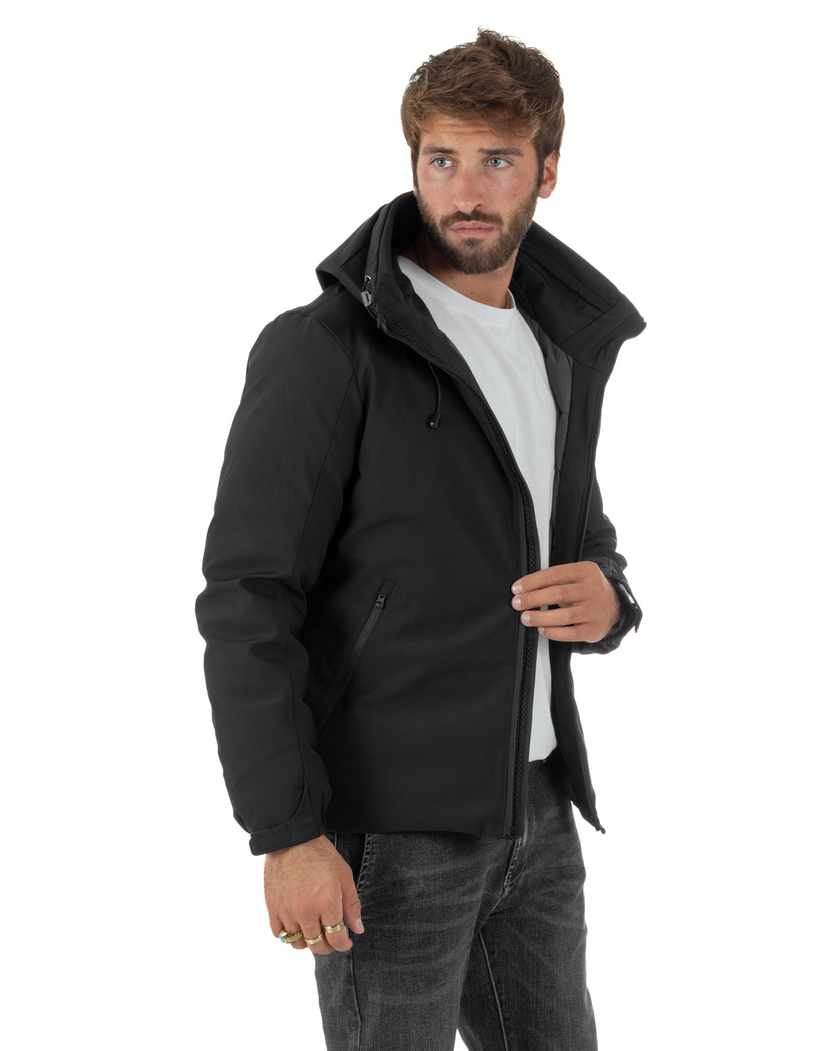 Giubbotto uomo tessuto tecnico imbottito zip cappuccio coulisse nero GIOSAL-G3439A