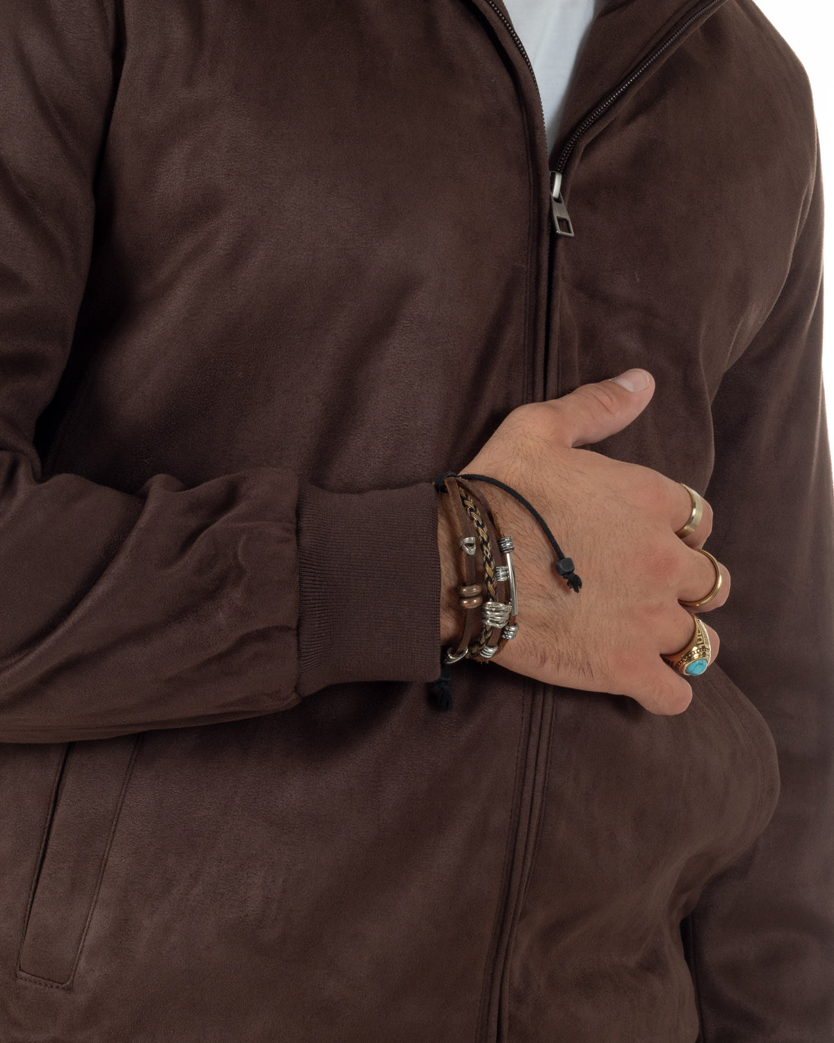 Giubbotto bomber uomo camoscio zip collo alto marrone GIOSAL-G3437A