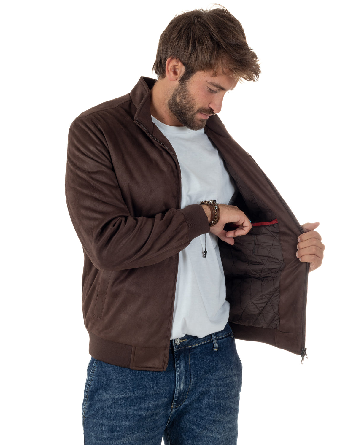 Giubbotto bomber uomo camoscio zip collo alto marrone GIOSAL-G3437A