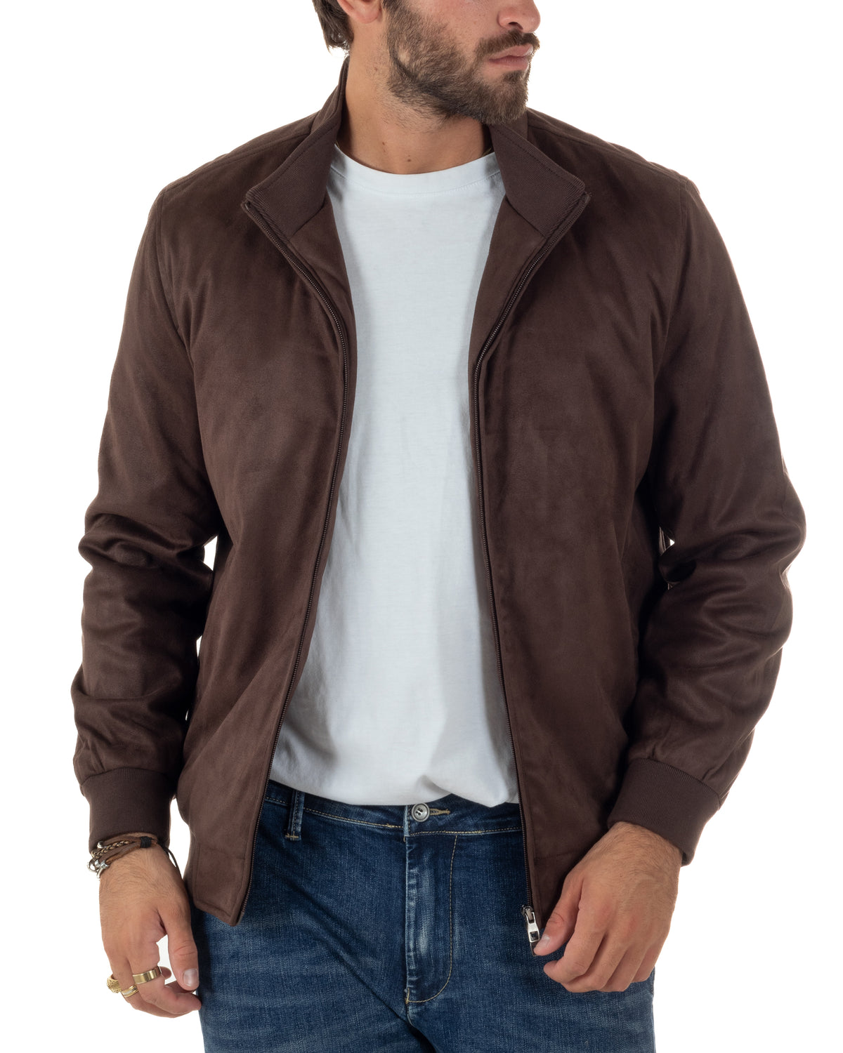 Giubbotto bomber uomo camoscio zip collo alto marrone GIOSAL-G3437A