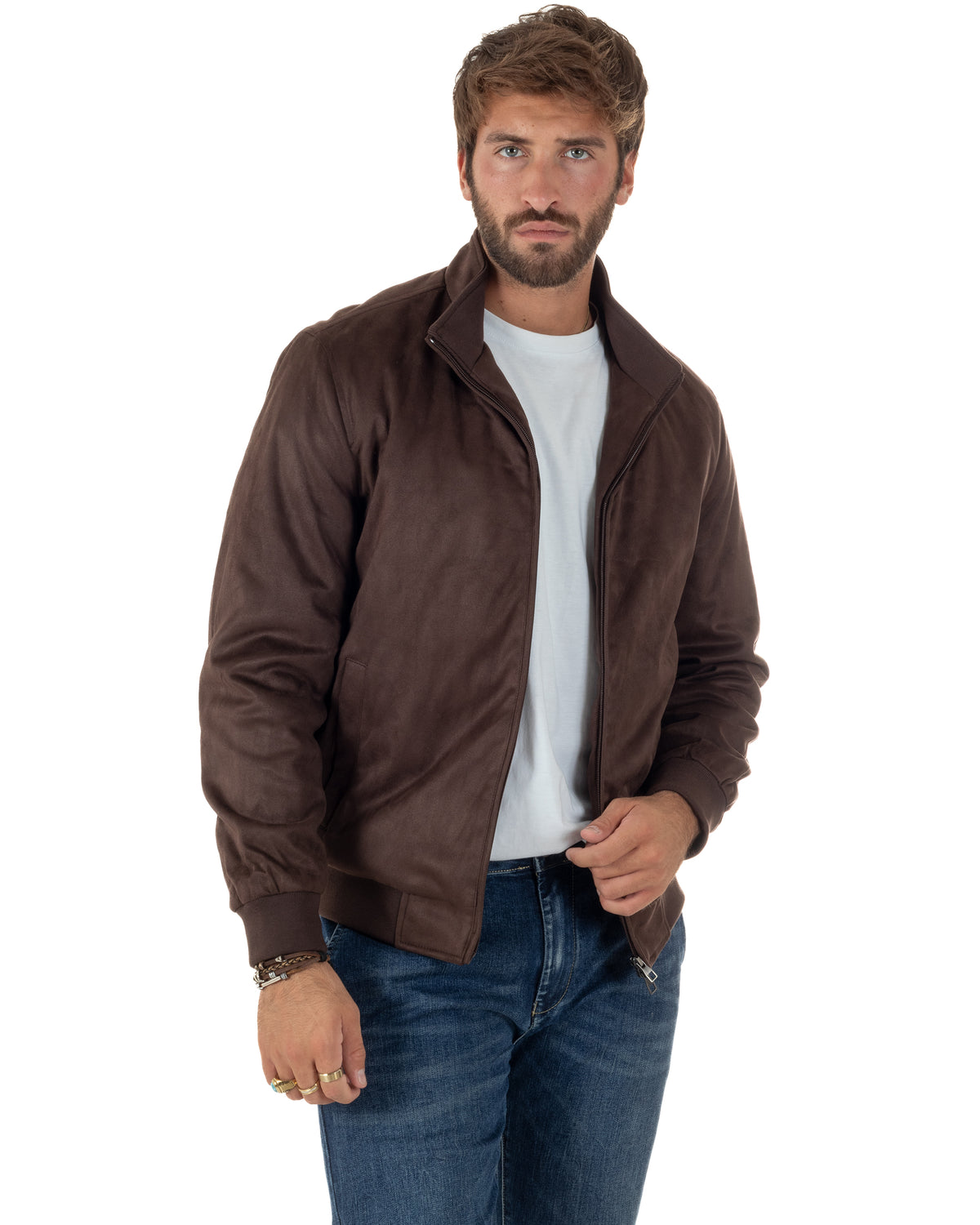 Giubbotto bomber uomo camoscio zip collo alto marrone GIOSAL-G3437A