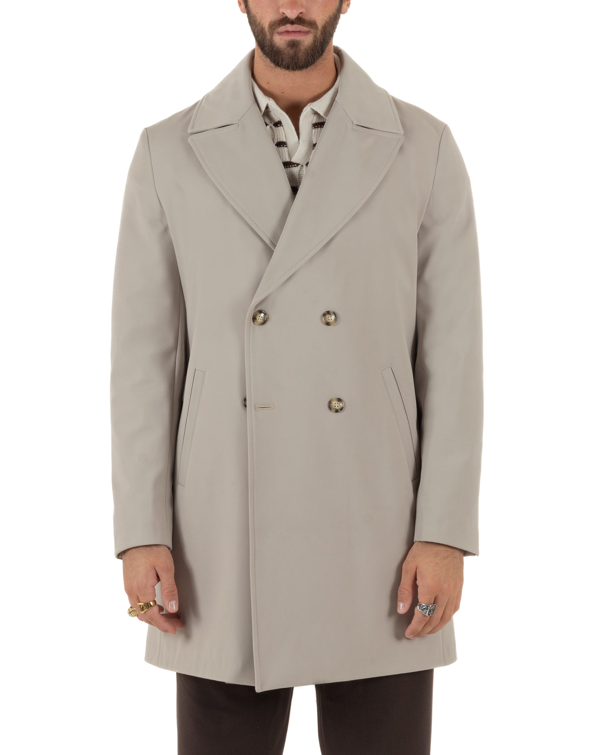 Trench cappotto uomo doppiopetto tessuto tecnico impermeabile rever a lancia beige BlackSunday-G3440A