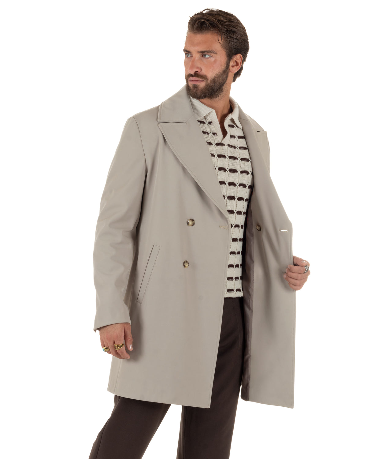 Trench cappotto uomo doppiopetto tessuto tecnico impermeabile rever a lancia beige BlackSunday-G3440A