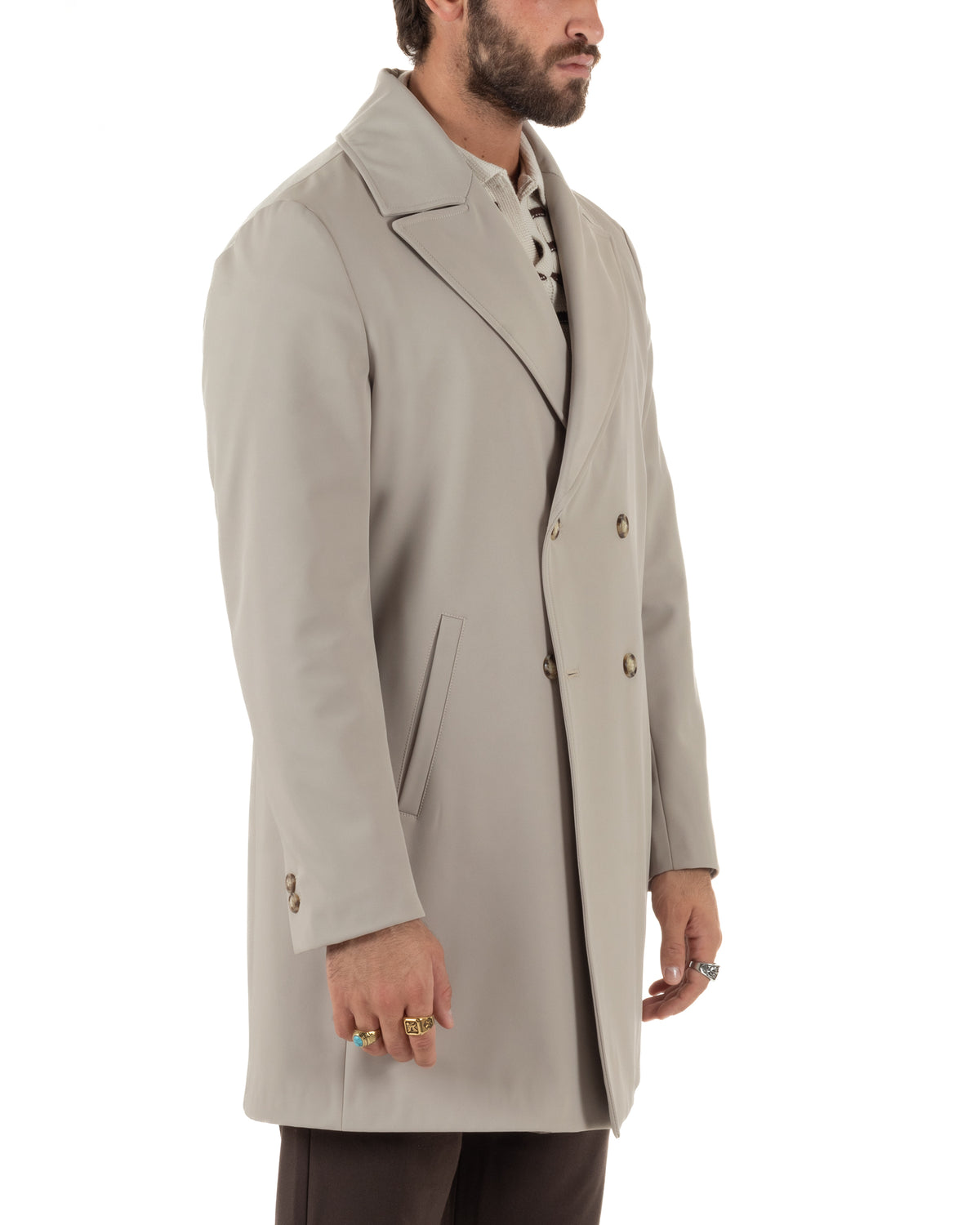 Trench cappotto uomo doppiopetto tessuto tecnico impermeabile rever a lancia beige BlackSunday-G3440A