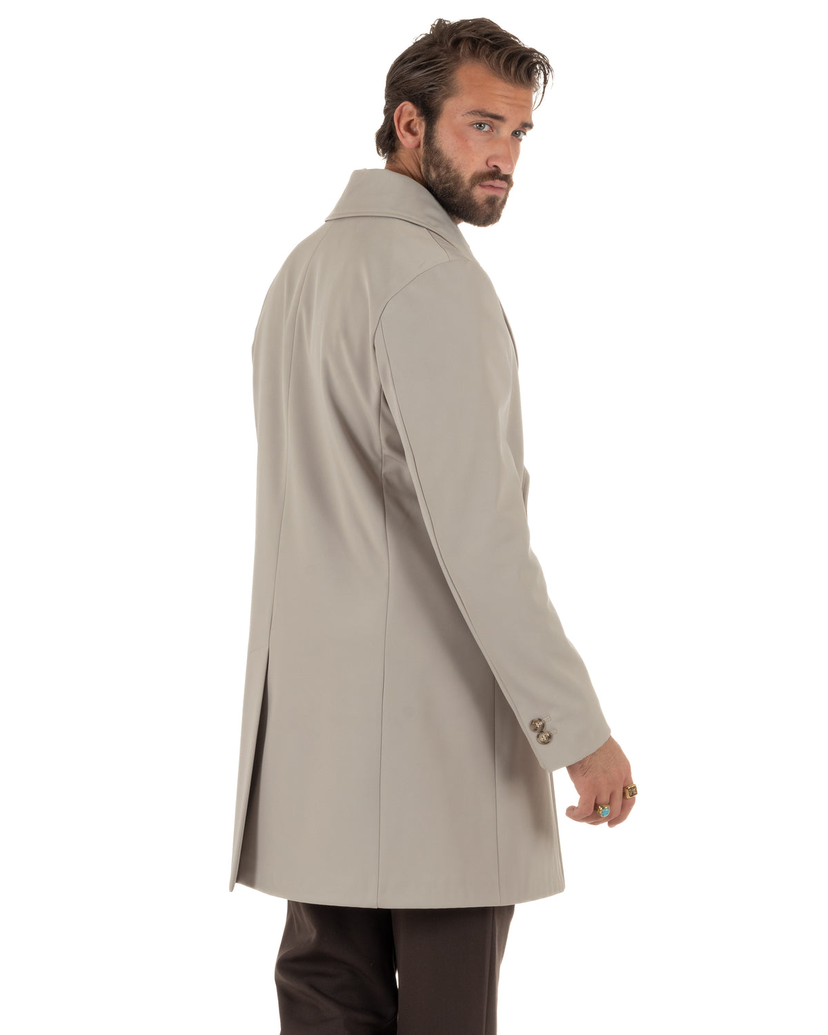 Trench cappotto uomo doppiopetto tessuto tecnico impermeabile rever a lancia beige BlackSunday-G3440A