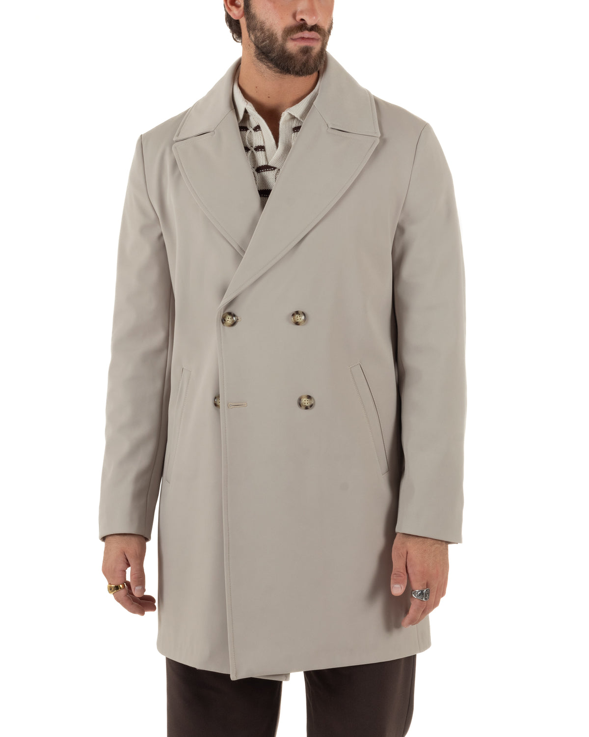 Trench cappotto uomo doppiopetto tessuto tecnico impermeabile rever a lancia beige BlackSunday-G3440A