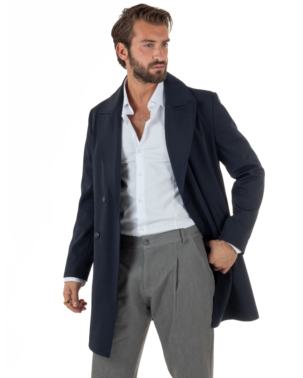 Trench cappotto uomo doppiopetto tessuto tecnico impermeabile rever a lancia blu BlackSunday-G3441A