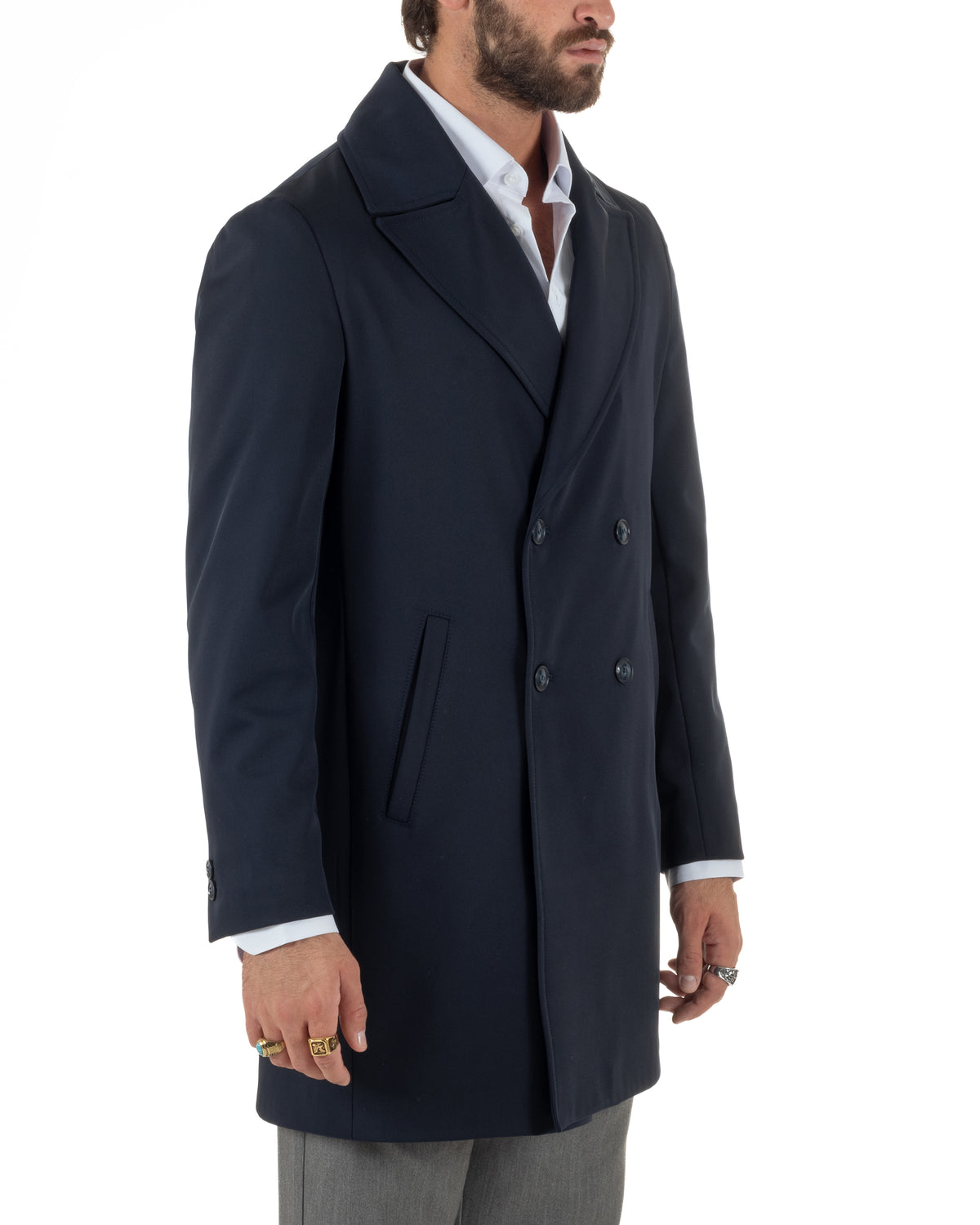 Trench cappotto uomo doppiopetto tessuto tecnico impermeabile rever a lancia blu BlackSunday-G3441A