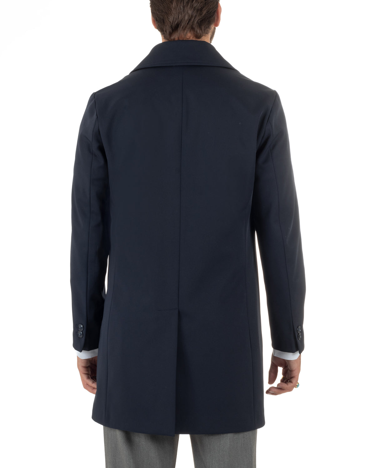 Trench cappotto uomo doppiopetto tessuto tecnico impermeabile rever a lancia blu BlackSunday-G3441A