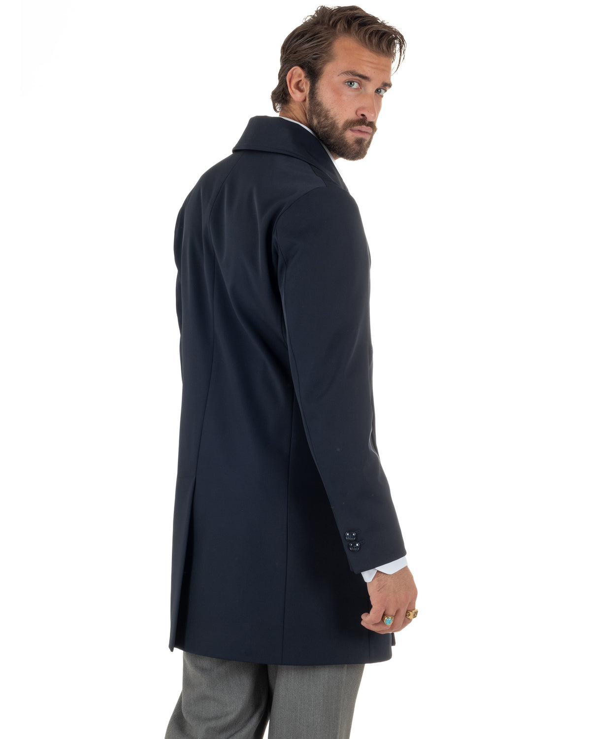 Trench cappotto uomo doppiopetto tessuto tecnico impermeabile rever a lancia blu BlackSunday-G3441A