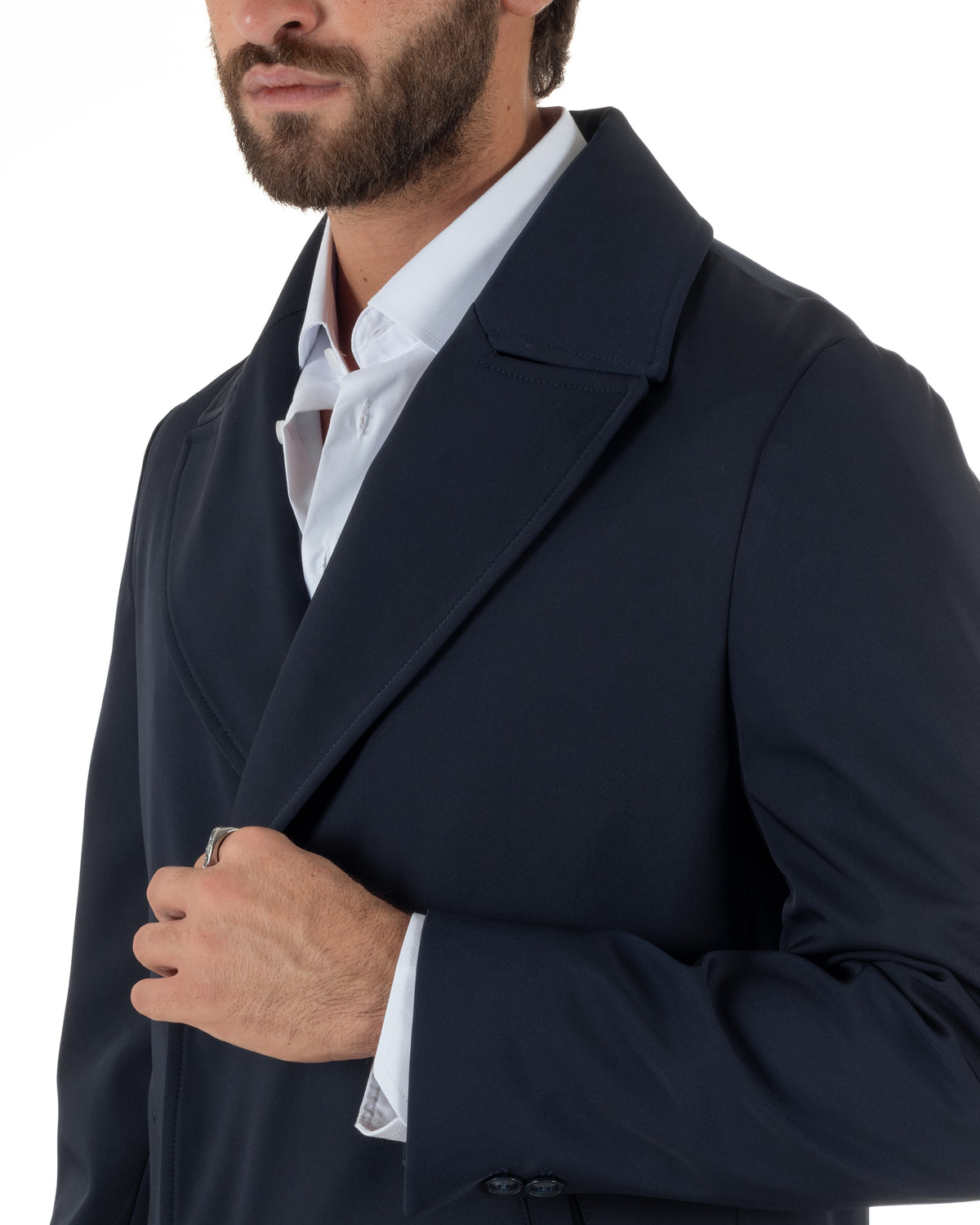 Trench cappotto uomo doppiopetto tessuto tecnico impermeabile rever a lancia blu BlackSunday-G3441A