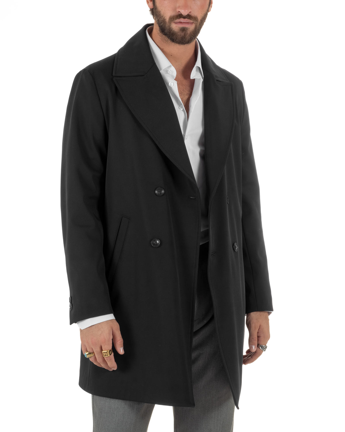 Trench cappotto uomo doppiopetto tessuto tecnico impermeabile rever a lancia nero BlackSunday-G3442A