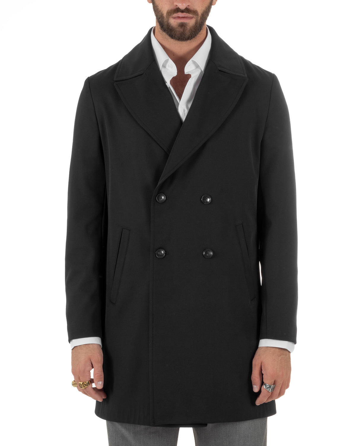 Trench cappotto uomo doppiopetto tessuto tecnico impermeabile rever a lancia nero BlackSunday-G3442A