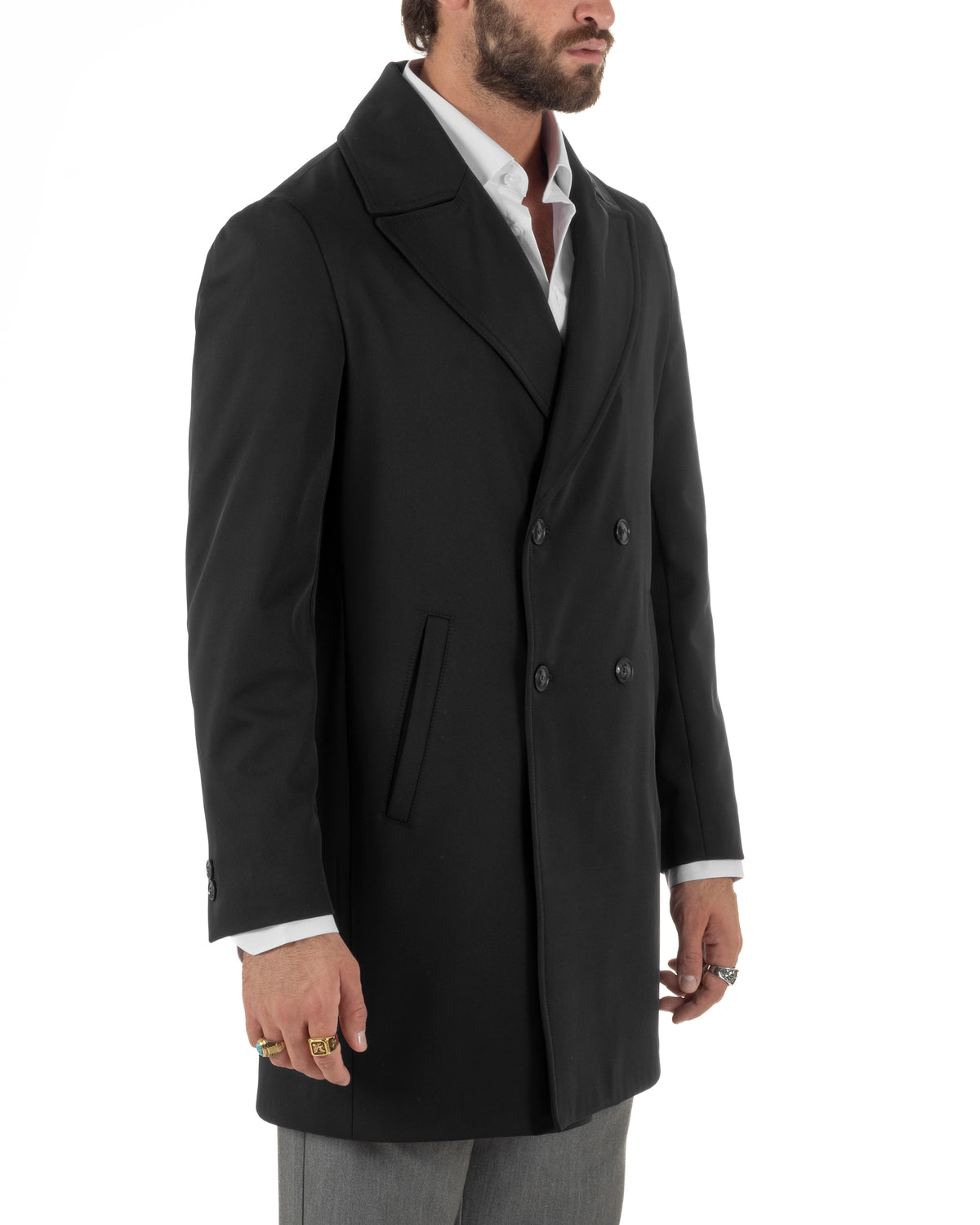 Trench cappotto uomo doppiopetto tessuto tecnico impermeabile rever a lancia nero BlackSunday-G3442A
