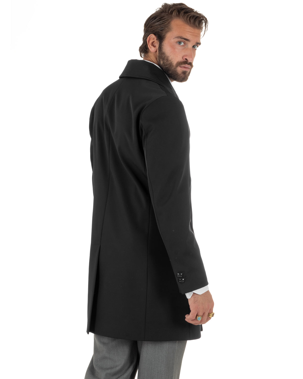 Trench cappotto uomo doppiopetto tessuto tecnico impermeabile rever a lancia nero BlackSunday-G3442A