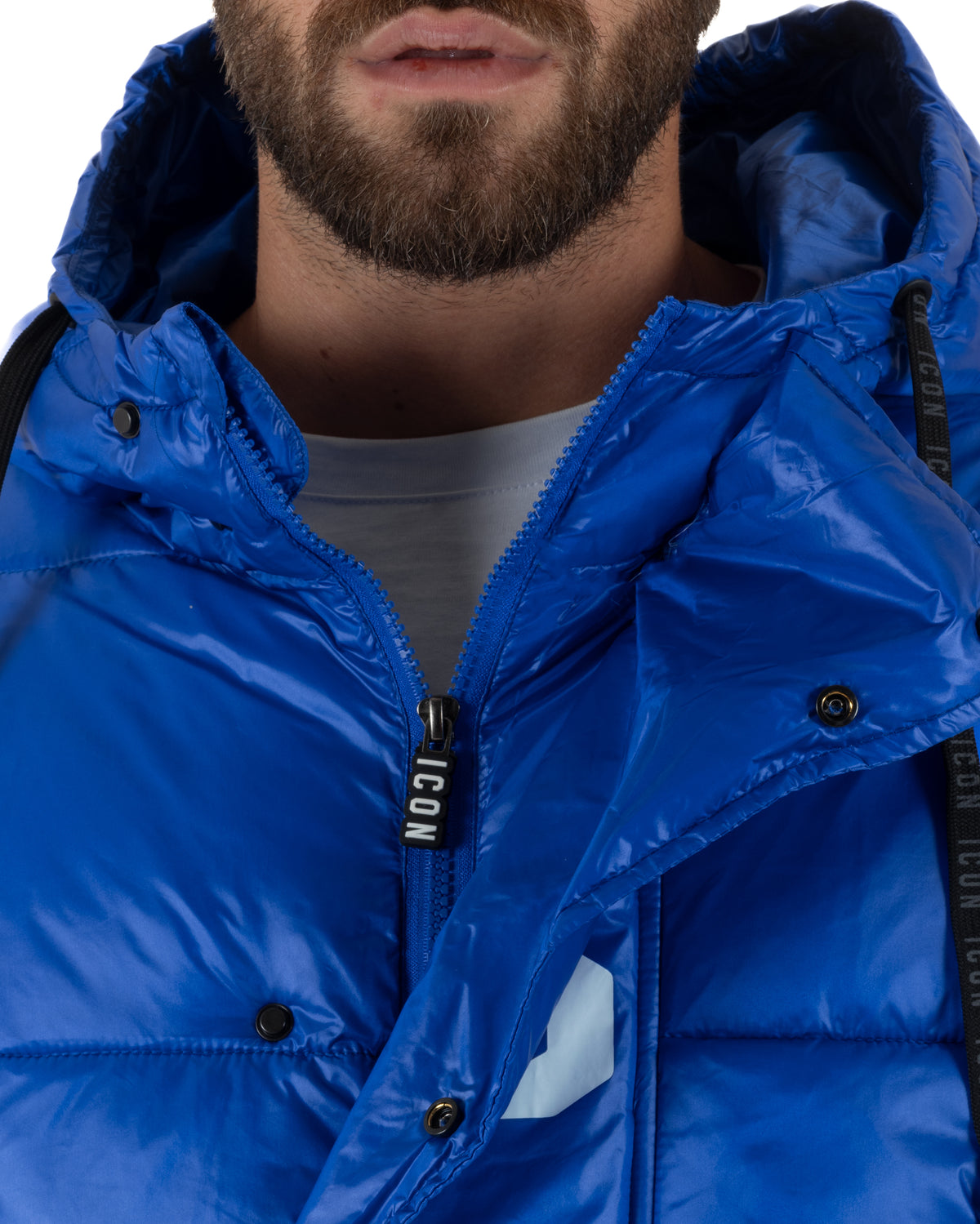 Giubbotto piumino uomo imbottito lucido con cappuccio e maxi logo blu royal ICON IUJ017