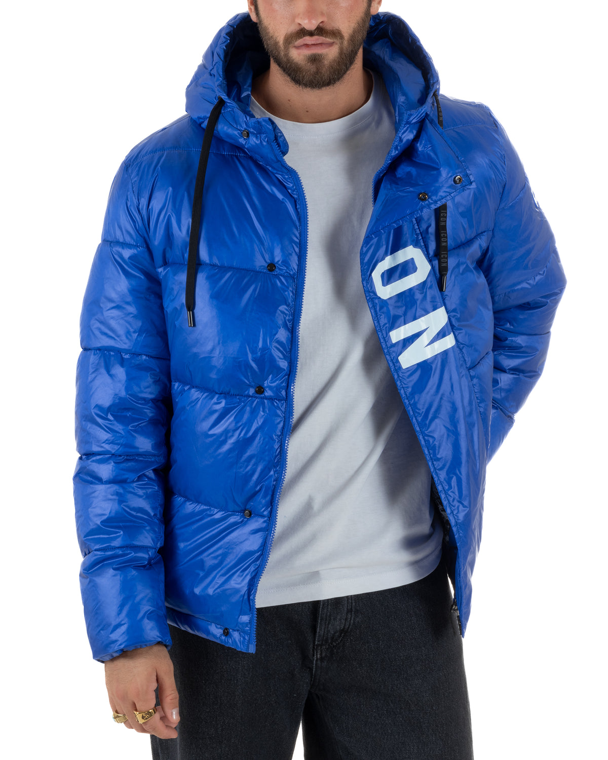 Giubbotto piumino uomo imbottito lucido con cappuccio e maxi logo blu royal ICON IUJ017