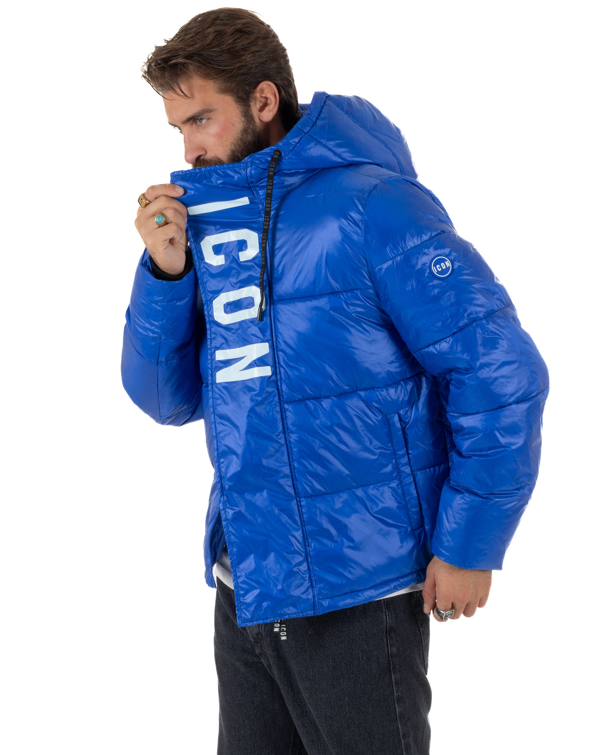 Giubbotto piumino uomo imbottito lucido con cappuccio e maxi logo blu royal ICON IUJ017