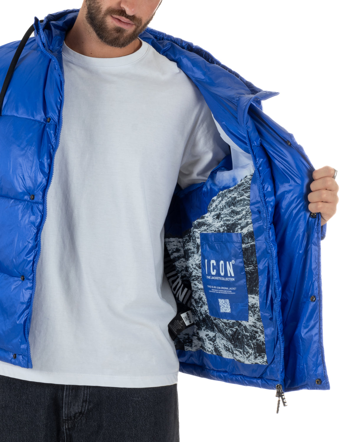 Giubbotto piumino uomo imbottito lucido con cappuccio e maxi logo blu royal ICON IUJ017