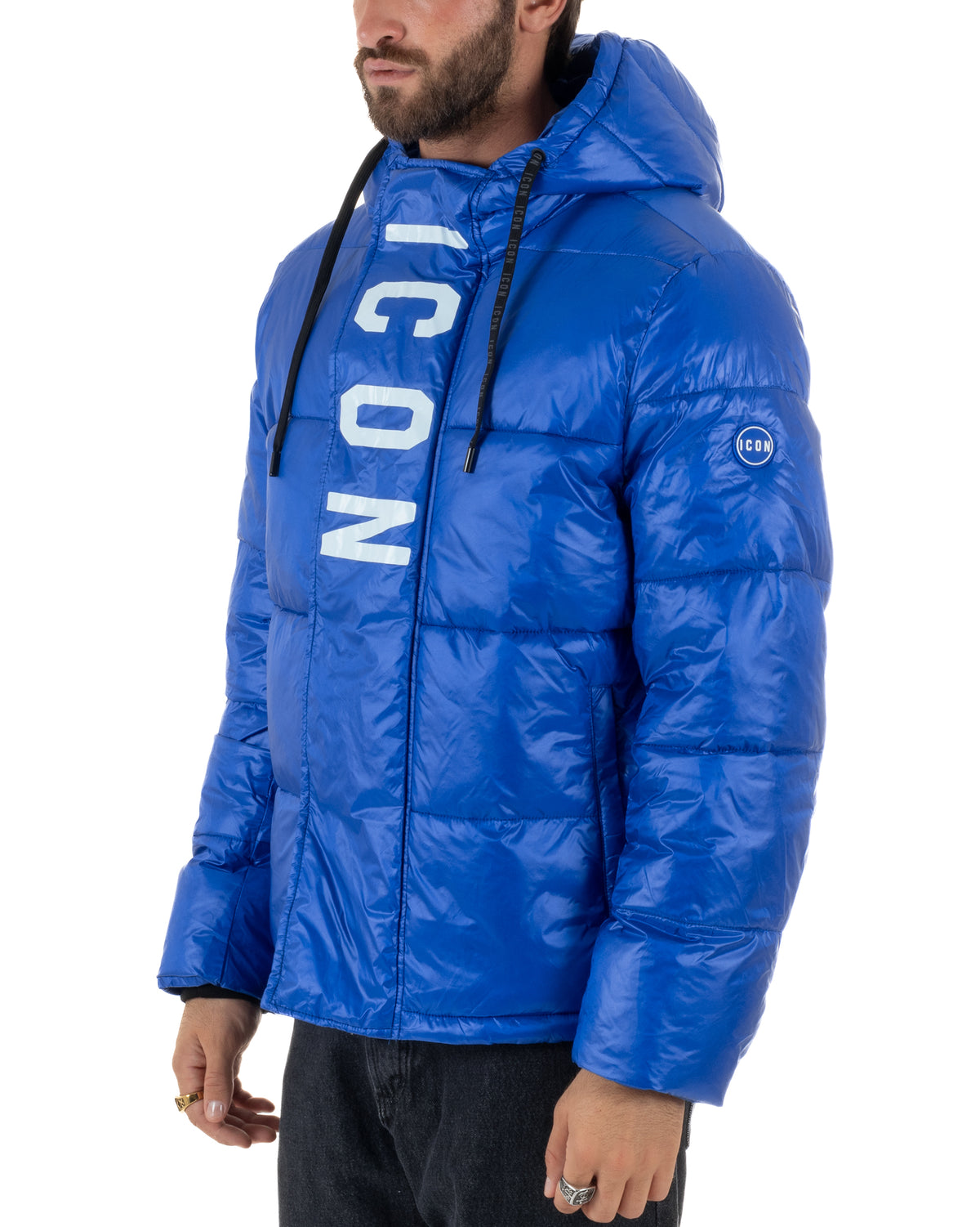 Giubbotto piumino uomo imbottito lucido con cappuccio e maxi logo blu royal ICON IUJ017
