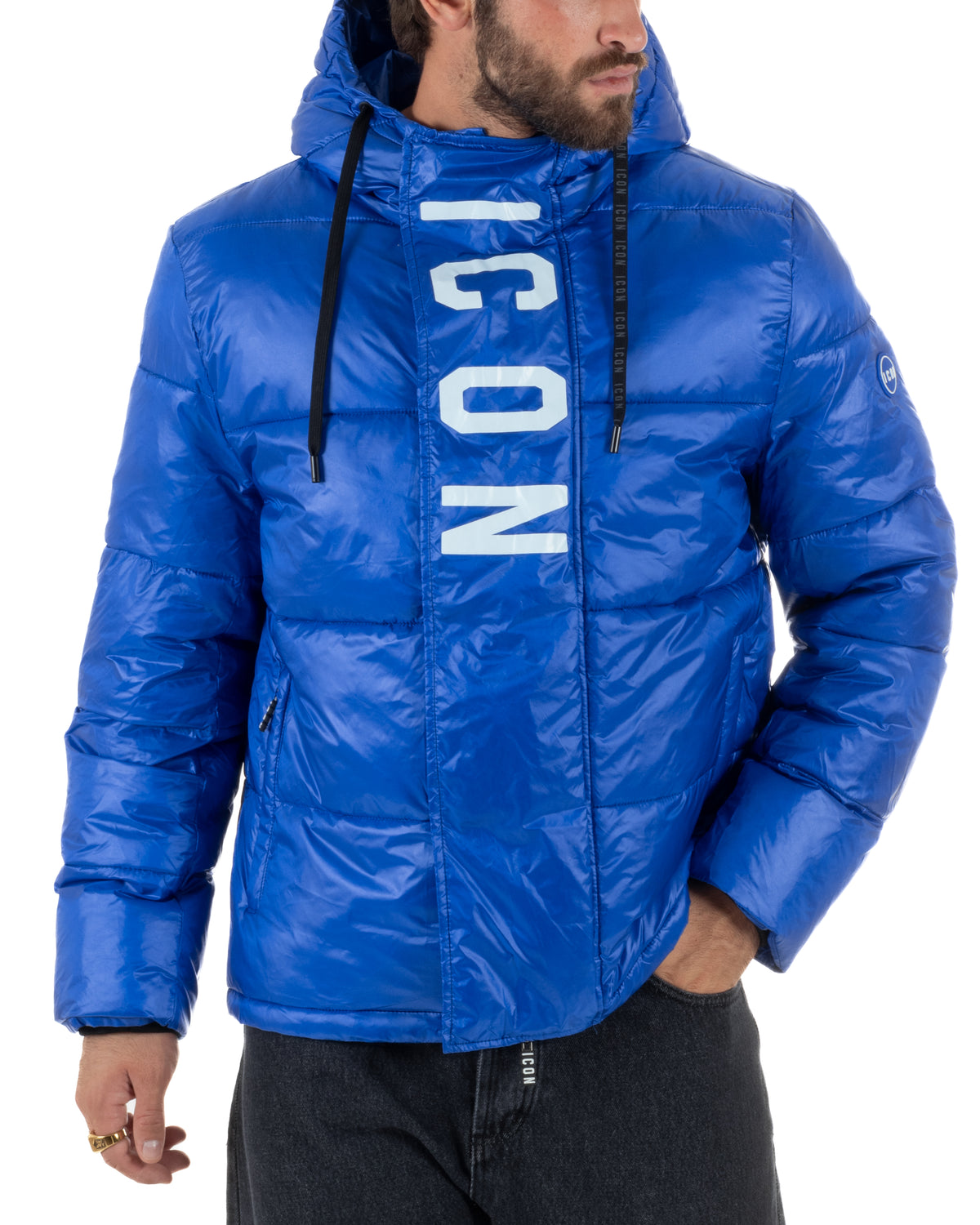 Giubbotto piumino uomo imbottito lucido con cappuccio e maxi logo blu royal ICON IUJ017