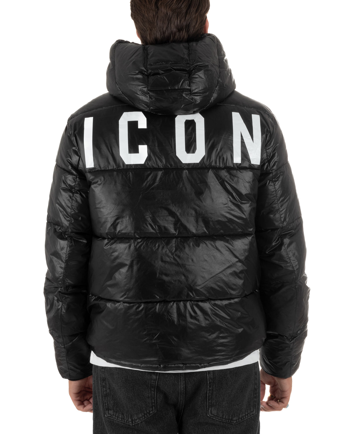 Giubbotto piumino uomo imbottito lucido con cappuccio e maxi logo nero ICON IUJ017