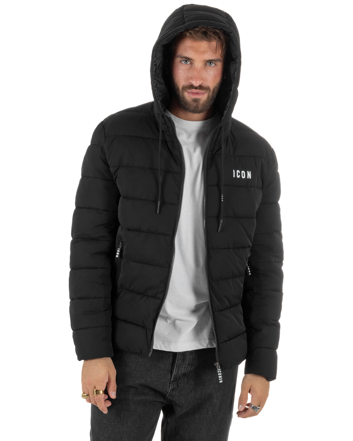 Giubbotto piumino uomo imbottito trapuntato zip con cappuccio e logo nero ICON IUJ019