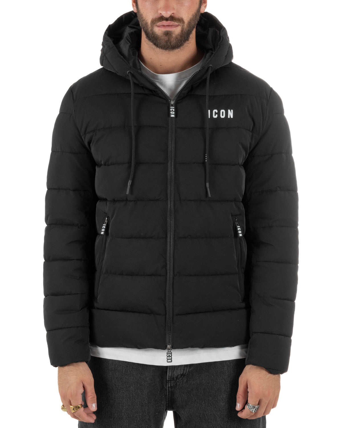 Giubbotto piumino uomo imbottito trapuntato zip con cappuccio e logo nero ICON IUJ019