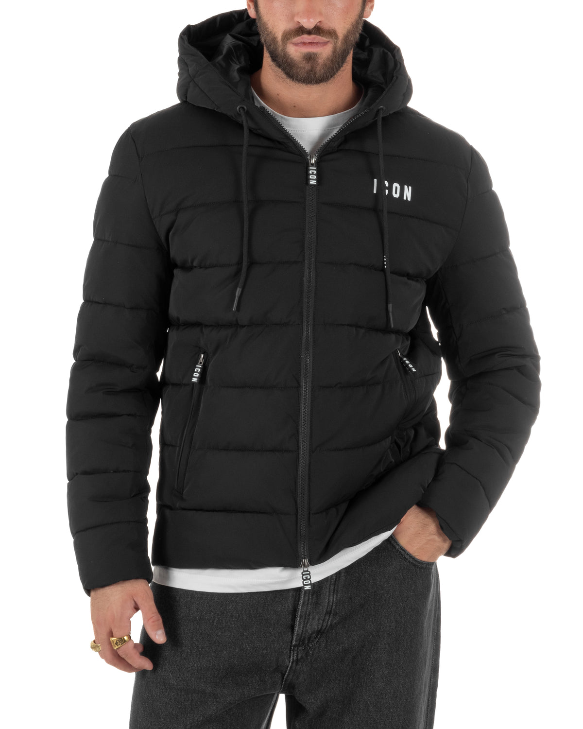 Giubbotto piumino uomo imbottito trapuntato zip con cappuccio e logo nero ICON IUJ019