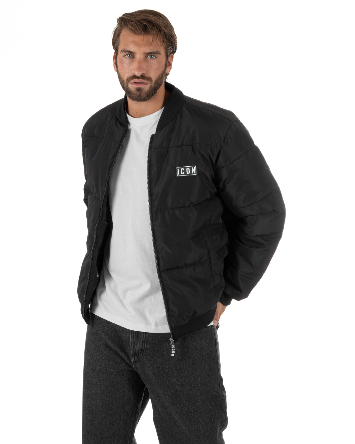 Giubbotto bomber uomo zip maxi logo posteriore nero ICON IUPREJ003