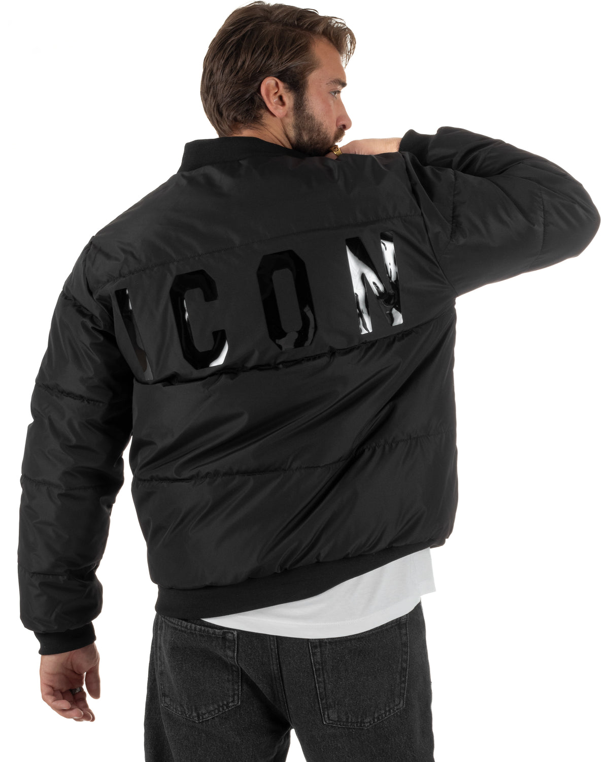 Giubbotto bomber uomo zip maxi logo posteriore nero ICON IUPREJ003