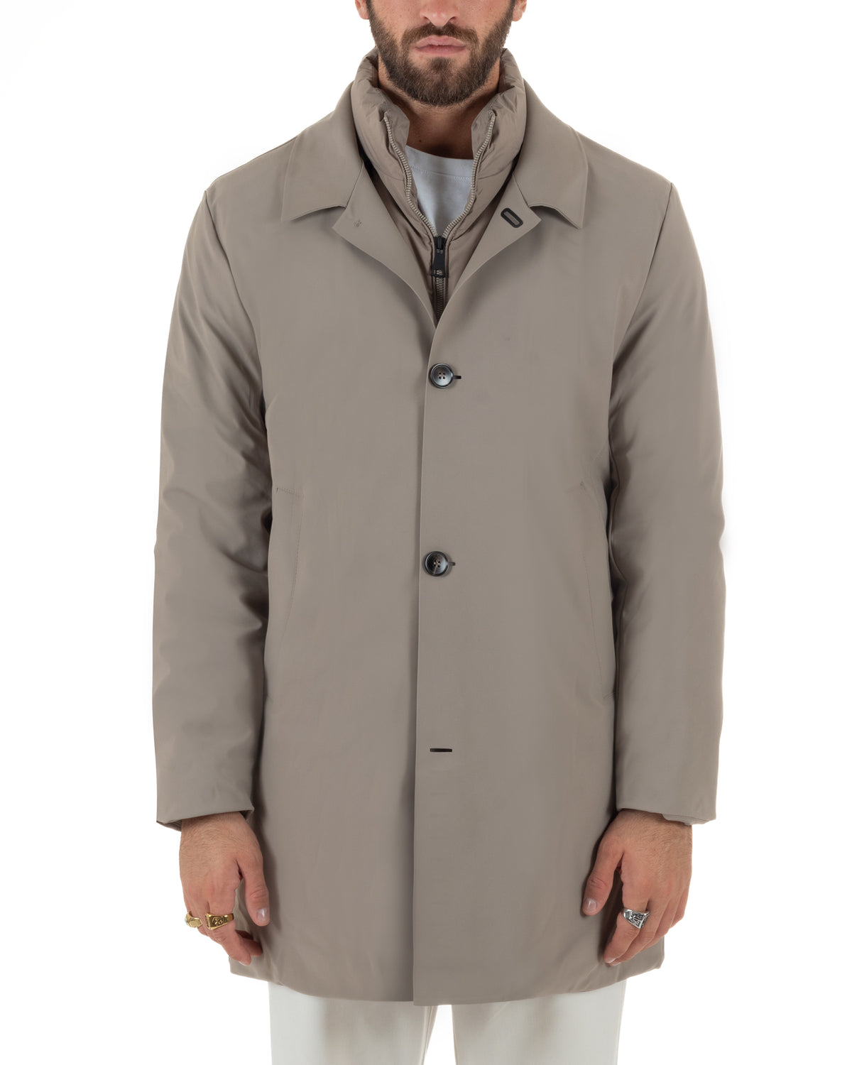 Chaqueta de hombre tipo gabardina impermeable de tejido técnico acolchado con cuello alto beige GIOSAL-G3448A