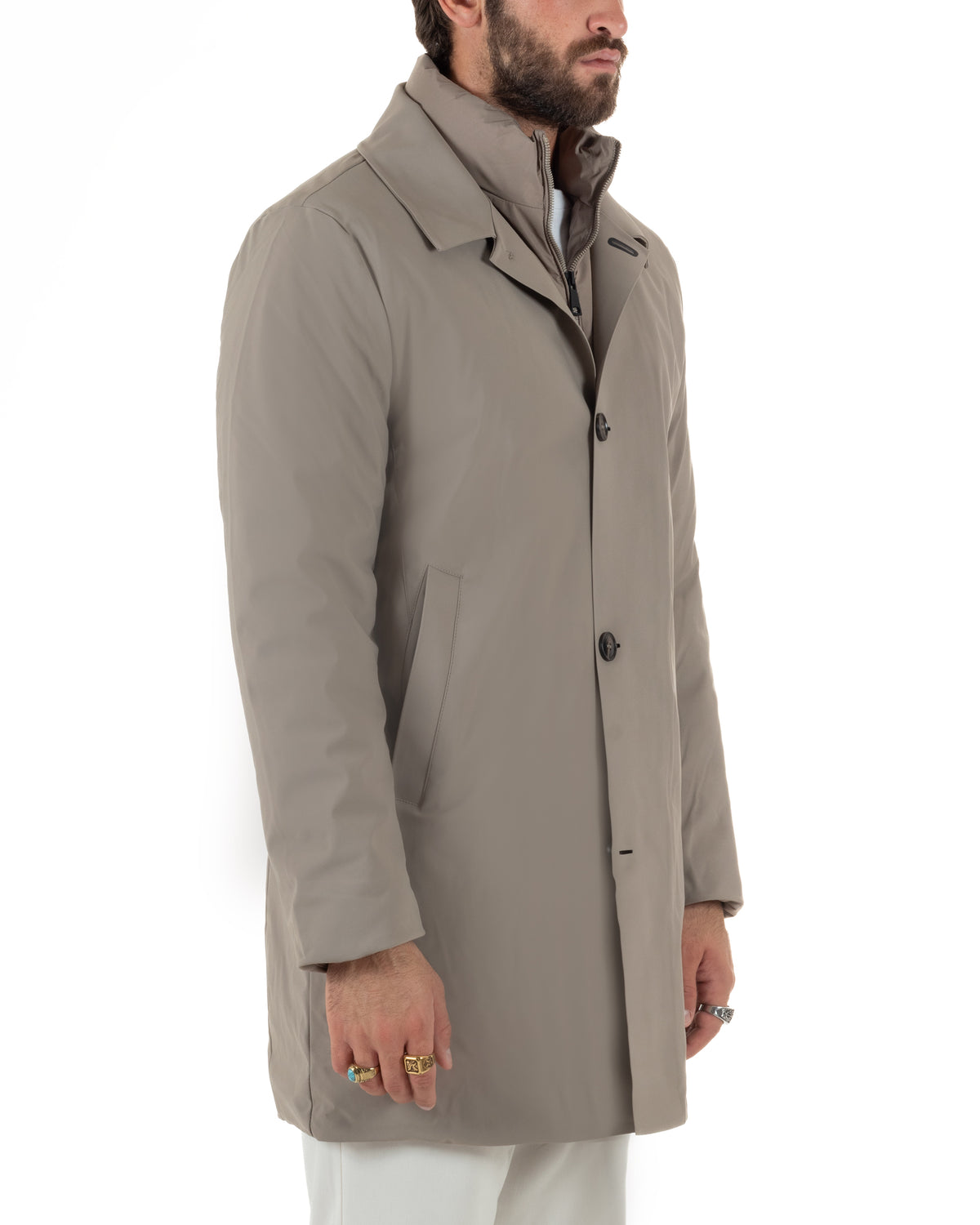 Chaqueta de hombre tipo gabardina impermeable de tejido técnico acolchado con cuello alto beige GIOSAL-G3448A