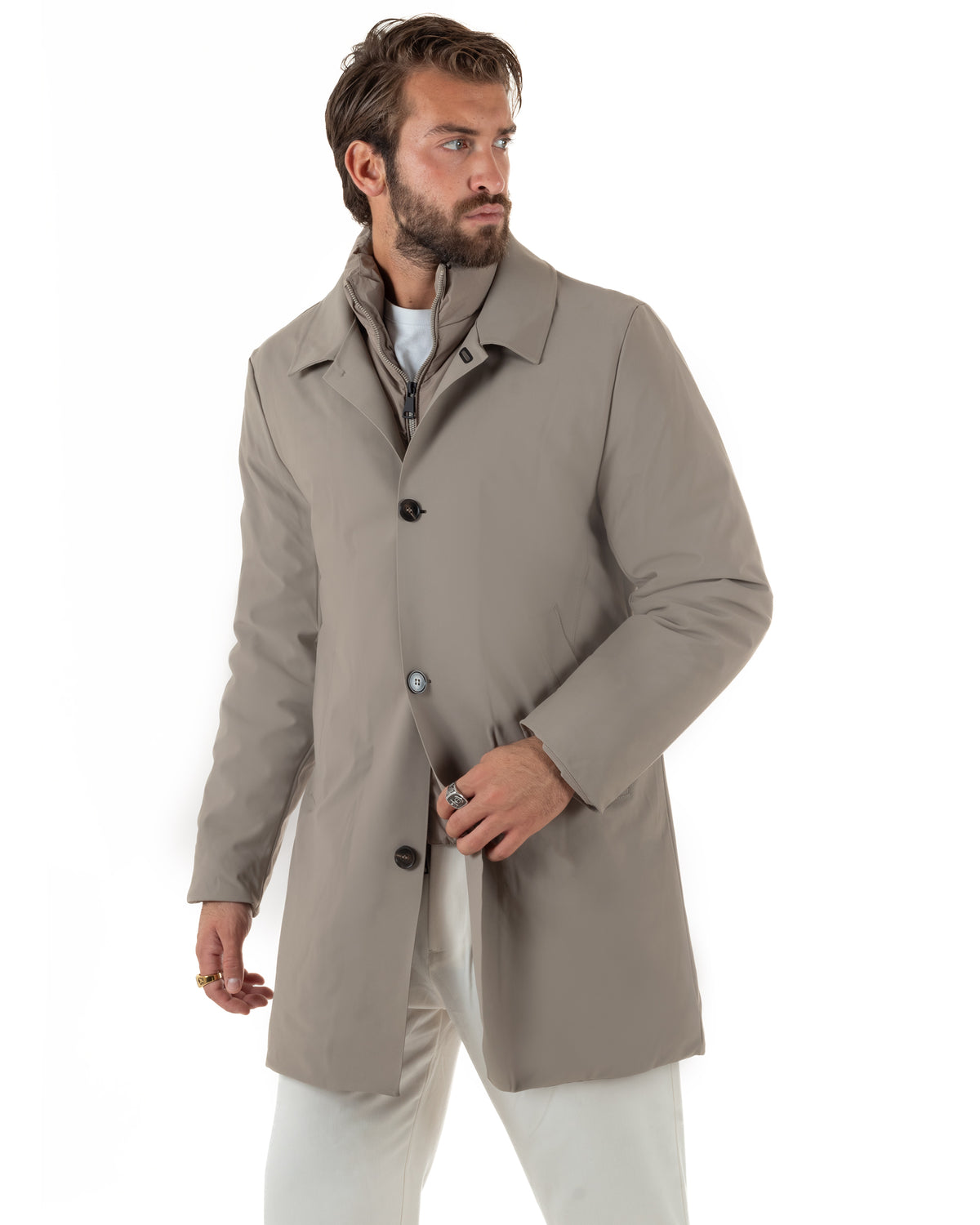 Chaqueta de hombre tipo gabardina impermeable de tejido técnico acolchado con cuello alto beige GIOSAL-G3448A