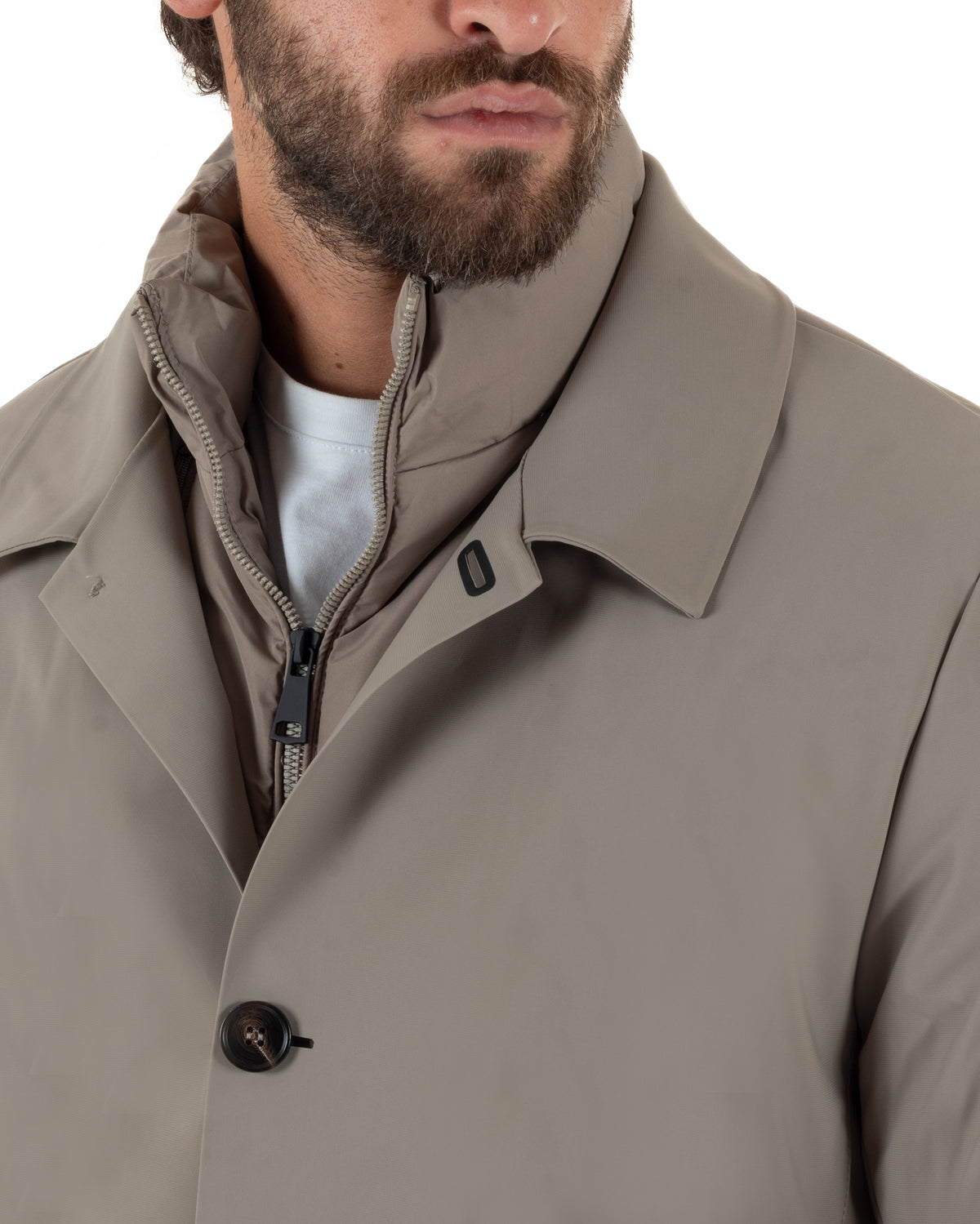 Chaqueta de hombre tipo gabardina impermeable de tejido técnico acolchado con cuello alto beige GIOSAL-G3448A
