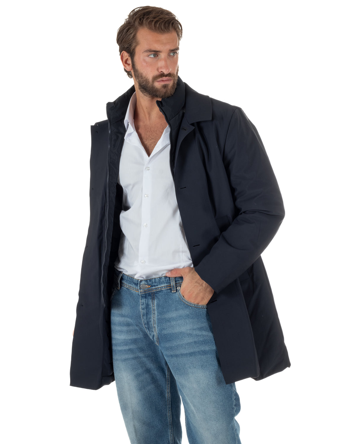 Chaqueta de hombre tipo trench impermeable de tejido técnico acolchada cuello alto azul GIOSAL-G3450A