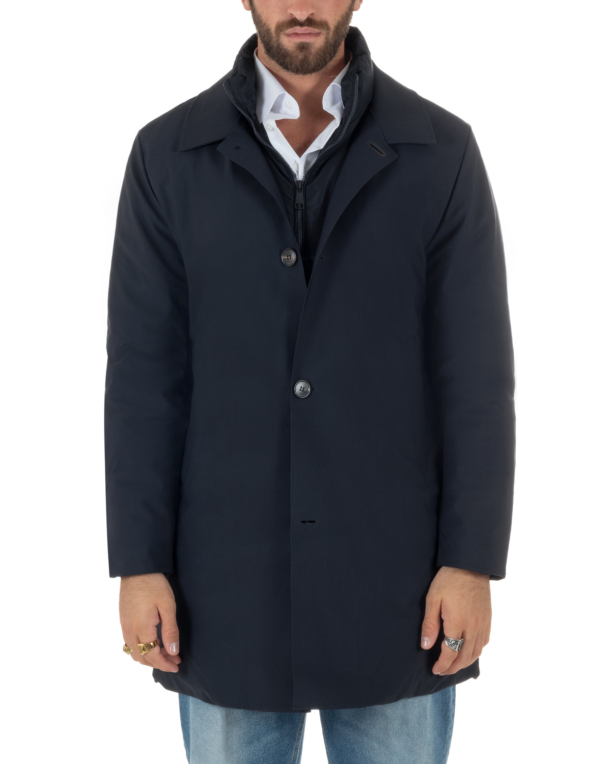 Chaqueta de hombre tipo trench impermeable de tejido técnico acolchada cuello alto azul GIOSAL-G3450A