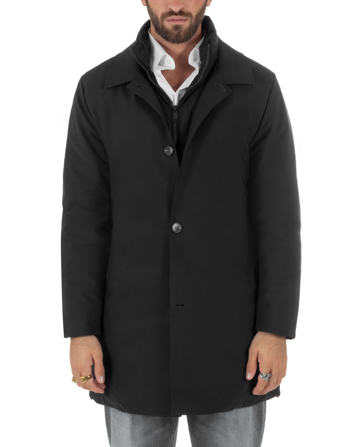 Giubbotto uomo trench impermeabile tessuto tecnico imbottito con pettorina nero GIOSAL-G3451A