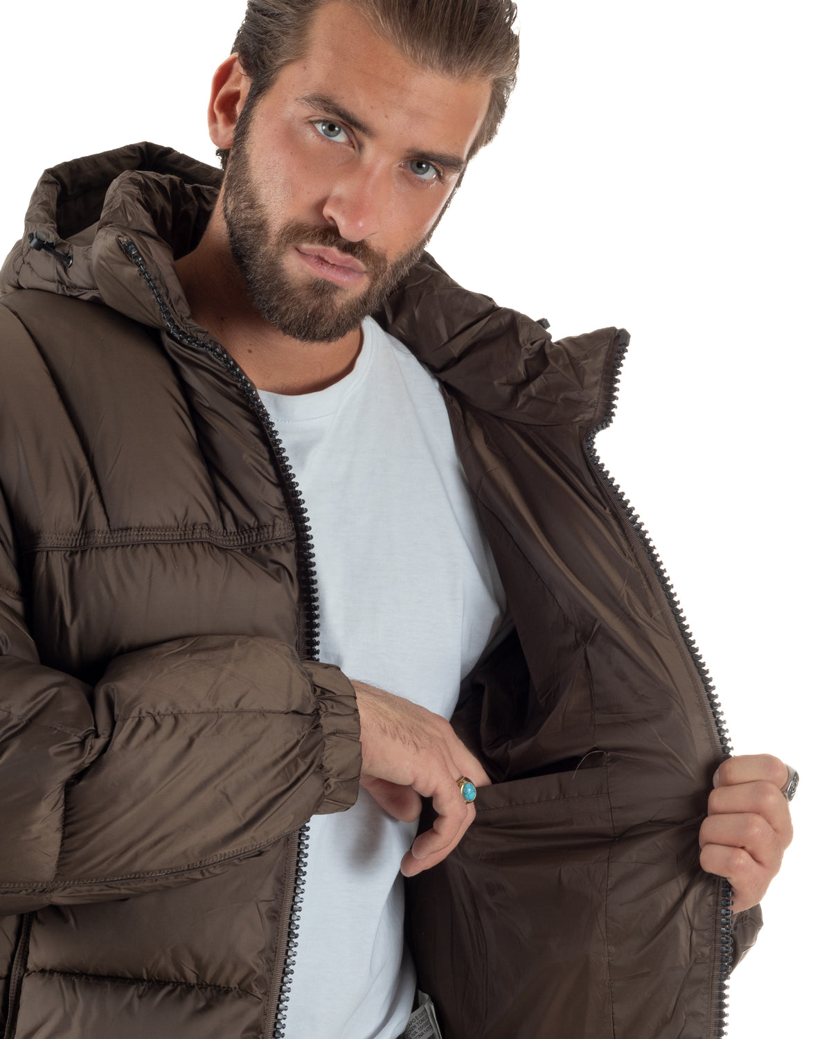 Giubbotto uomo oversize piumino zip collo alto puffer cappuccio marrone GIOSAL-G3452A