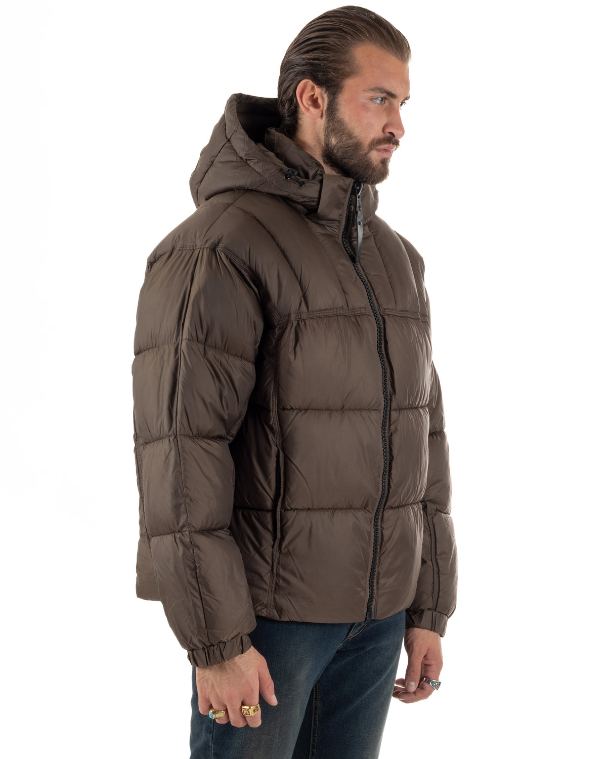 Giubbotto uomo oversize piumino zip collo alto puffer cappuccio marrone GIOSAL-G3452A
