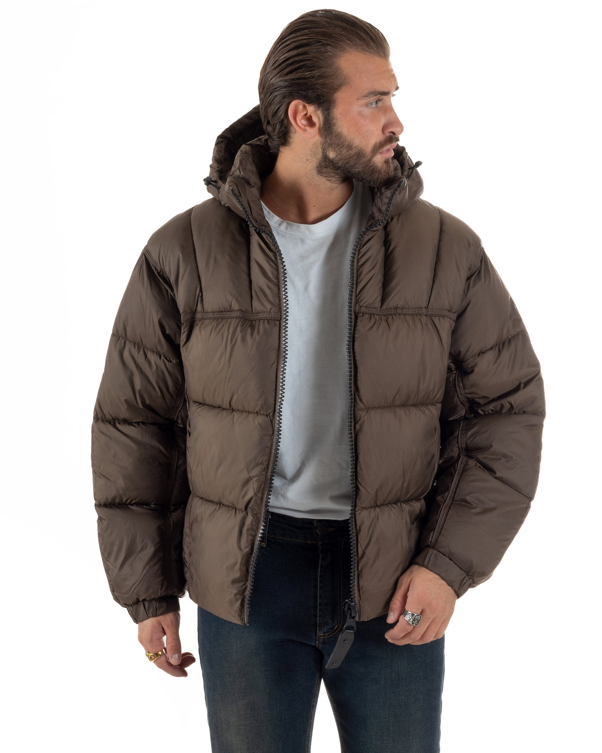 Giubbotto uomo oversize piumino zip collo alto puffer cappuccio marrone GIOSAL-G3452A
