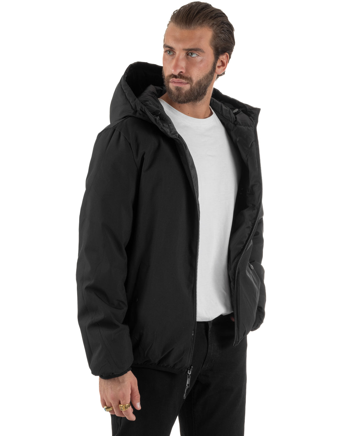 Giubbotto double face uomo piumino zip cappuccio fantasia geometrica nero GIOSAL-G3453A