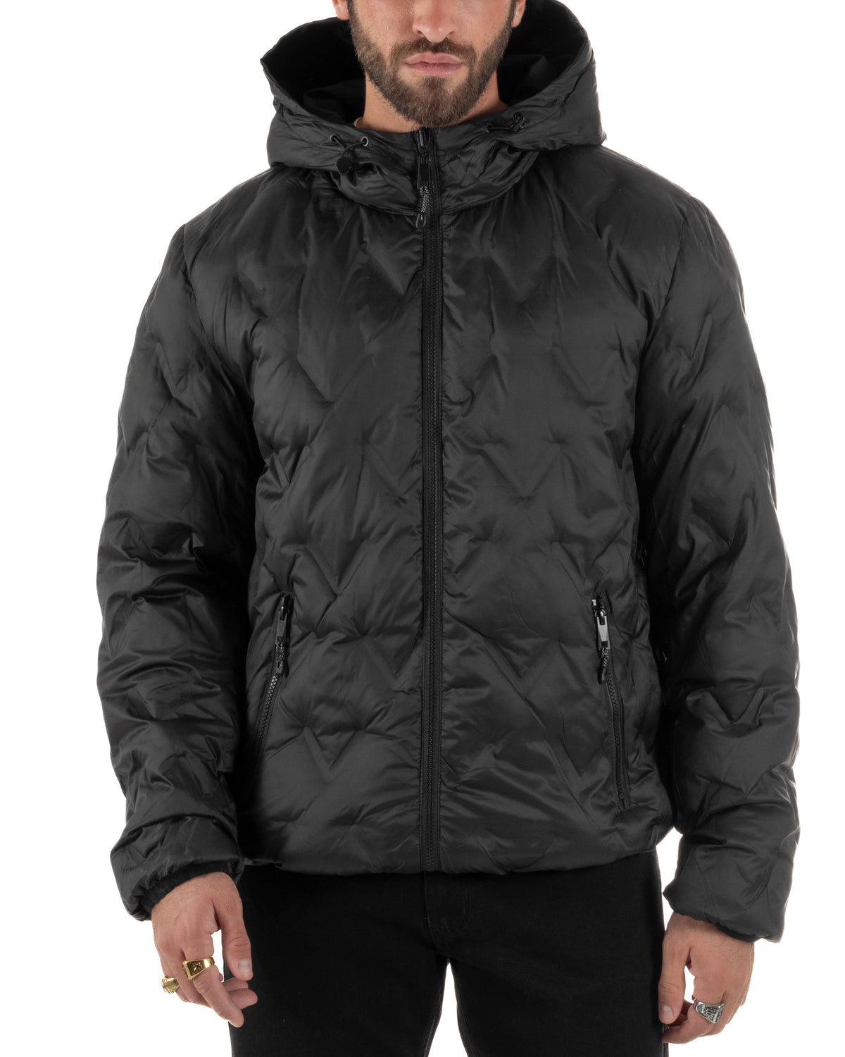 Giubbotto double face uomo piumino zip cappuccio fantasia geometrica nero GIOSAL-G3453A