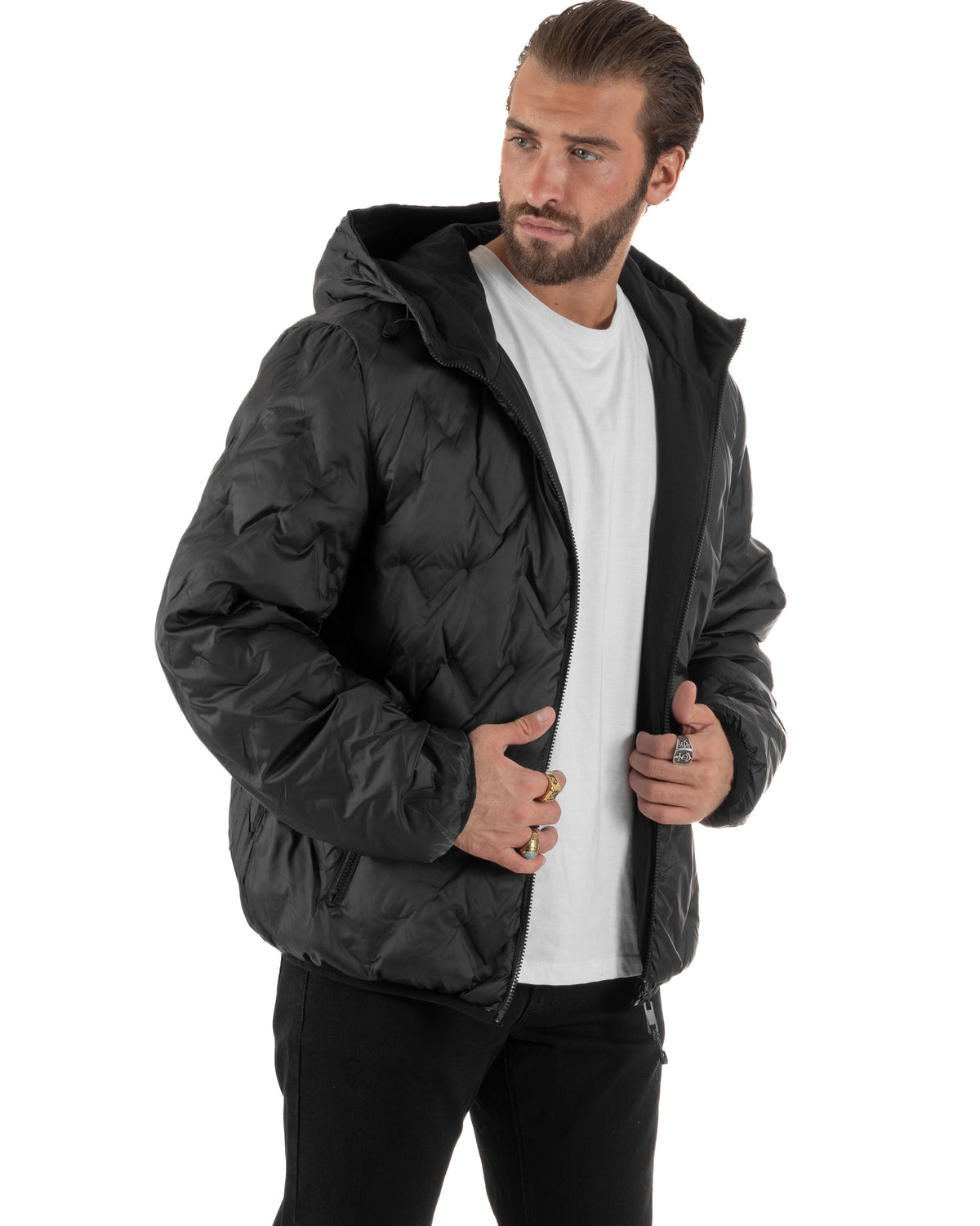 Giubbotto double face uomo piumino zip cappuccio fantasia geometrica nero GIOSAL-G3453A