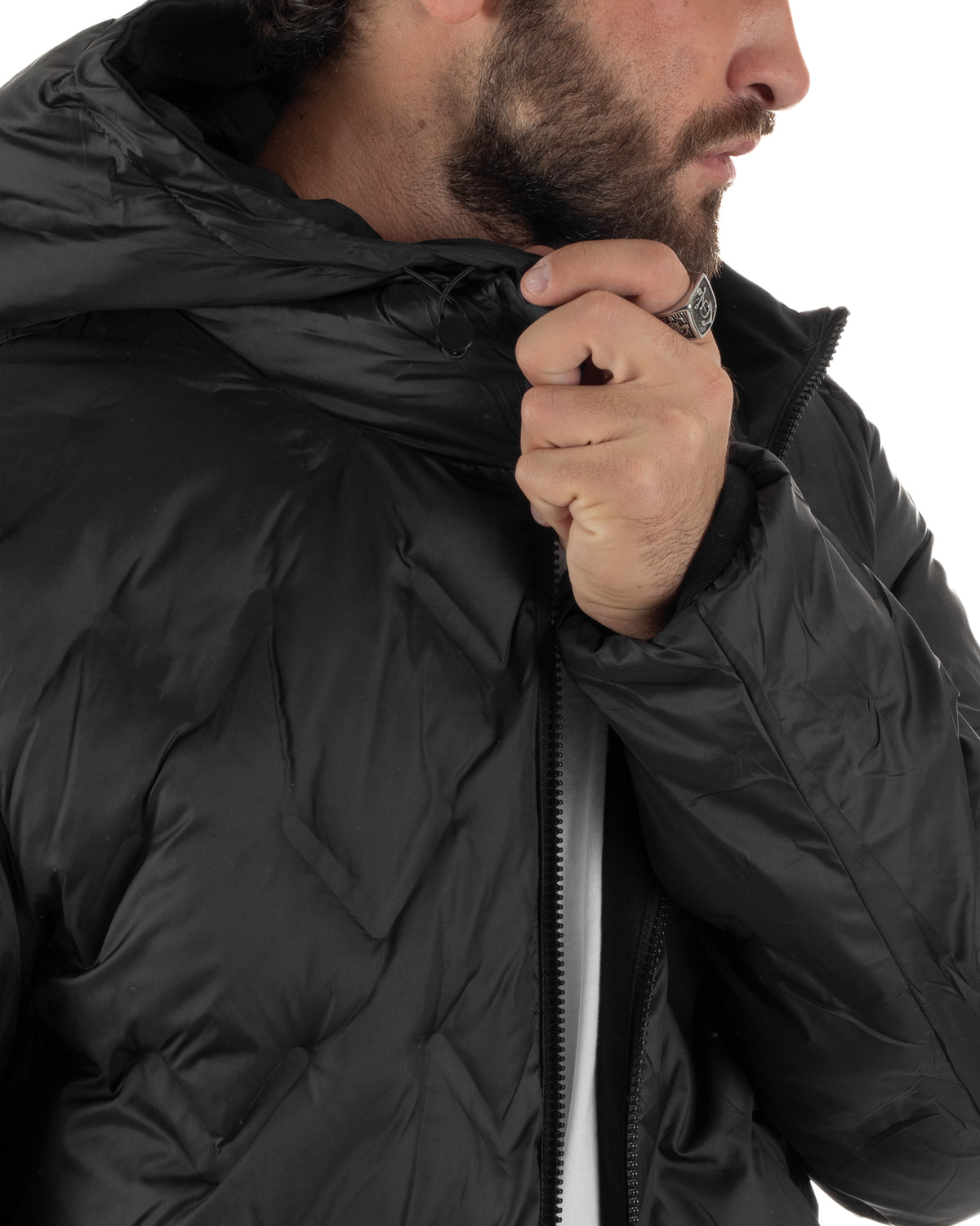 Giubbotto double face uomo piumino zip cappuccio fantasia geometrica nero GIOSAL-G3453A