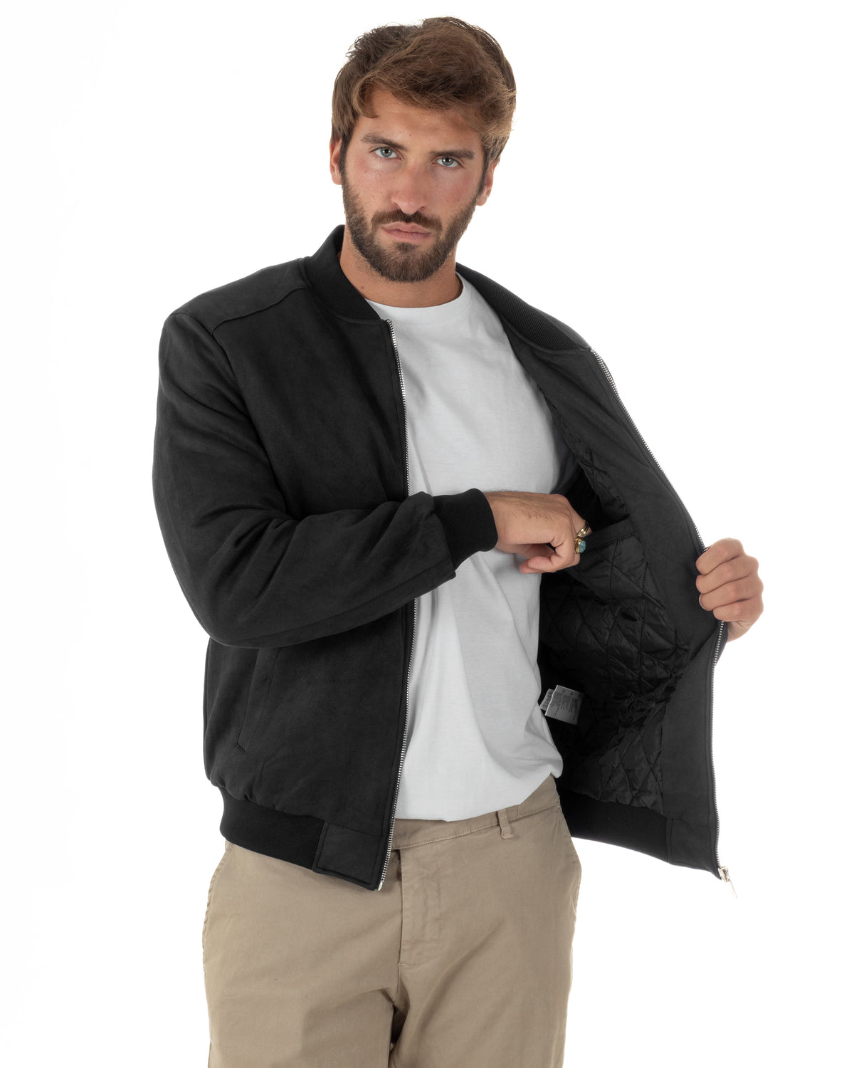 Giubbotto bomber uomo camoscio college zip nero GIOSAL-G3454A