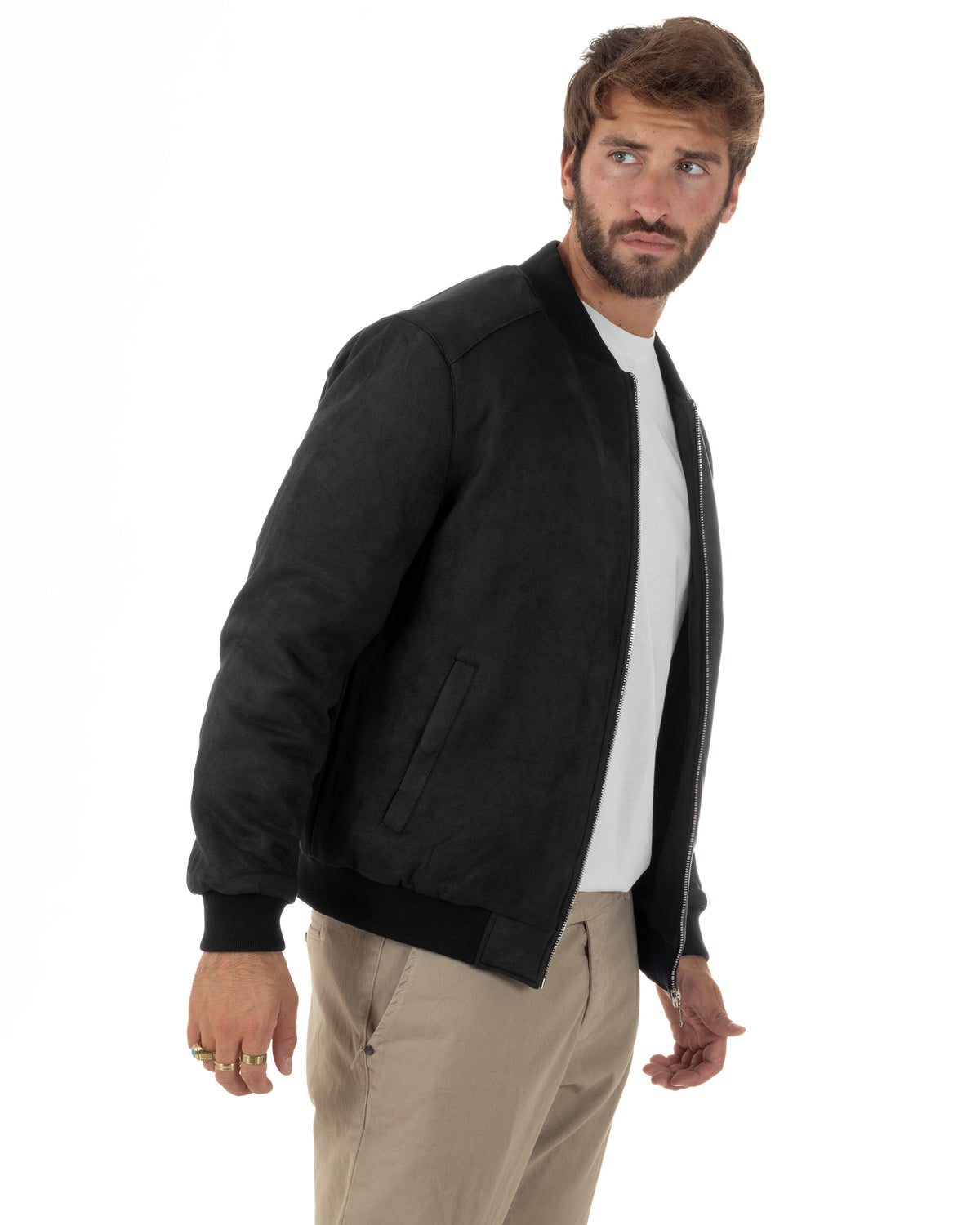 Giubbotto bomber uomo camoscio college zip nero GIOSAL-G3454A