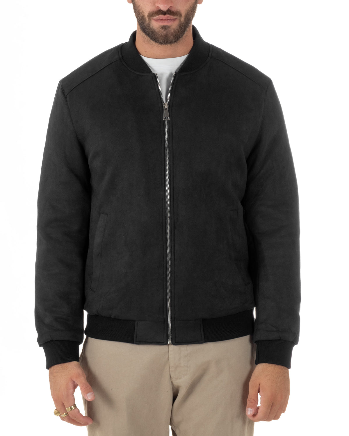 Giubbotto bomber uomo camoscio college zip nero GIOSAL-G3454A